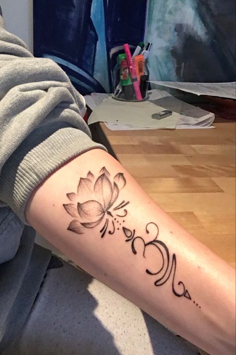 Breathe Tattoos With Lotus, Lotus Breathe Tattoo Design, Lotus Flower Breathe Tattoo, Lotus And Breathe Symbol Tattoo, Lotus And Breathe Tattoo, Lotus Flower Design Tattoo, Mandala Lotus Tattoo Design Women, Sanskrit Symbol Tattoo, Lotus Flower And Breathe Symbol Tattoo