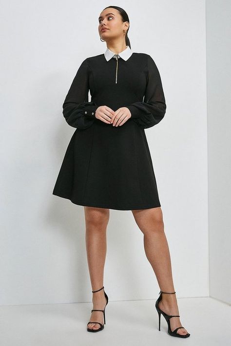 Curve Contrast Collar Zip Ponte Dress | Karen Millen All Black Attire, Executive Presence, Witchy Goth, Black Attire, Ladies Clothes Fashion, Ponte Dress, Fashion Face Mask, Ladies Clothes, Contrast Collar