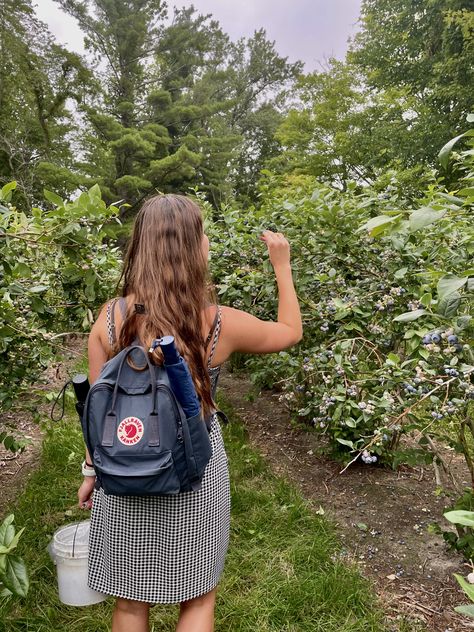 Blue Kanken Backpack, Umroh Outfit, Fjallraven Backpack, 2023 Moodboard, Blueberry Picking, Backpack Fjallraven, Outfit Dress, Gingham Dress, Kanken Backpack