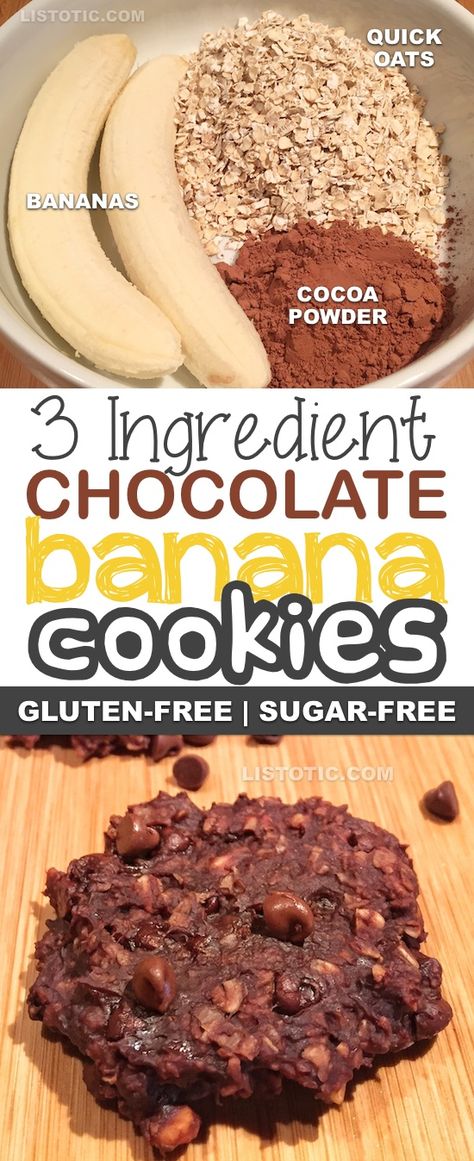 3 Ingredient Healthy Chocolate Banana Cookie Recipe | Sugar free, gluten free, vegan, healthy dessert and snack recipe. Listotic.com Chocolate Banana Cookies, Sugar Free Cookie Recipes, Banana Cookie Recipe, Healthy Chocolate Cookies, Healthy Chocolate Banana, Cookies Sugar, Guilt Free Snacks, Banana Cookies, Resep Diet