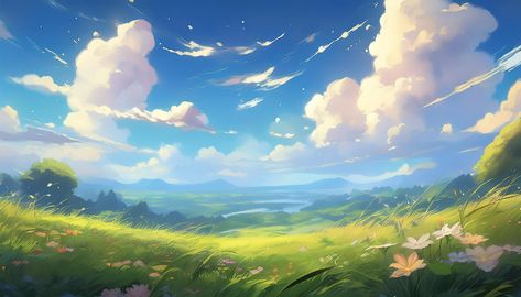 peaceful landscape, anime art, nature, green meadow, fluffy clouds, serene scene, calm aesthetic, tranquility, blue sky, blooming flowers, summer day, peaceful valley, soft lighting, nature-inspired, soothing colors, countryside, anime-style horizon Landscape Anime, Peaceful Summer, Calm Aesthetic, Anime Landscape, Green Meadow, Fluffy Clouds, Drawing Wallpaper, Scene Art, Flowers Summer