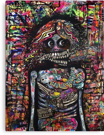 Mixed media painting on canvas of a skeleton girl who is frantic. Freaky, graffiti, words, inspiration, lost, soul, crazed, crazy, fear, life, skull, ribcage, bright colors, colorful, colourful, bright colours, portrait, figurative, artwork, fineart, art, never give up, insane, manic, overwhelmed, halloween, freak, gift Skeleton Painting, Words Inspiration, Skeleton Girl, Graffiti Words, Mixed Media Art Canvas, Dremel Wood Carving, Figurative Artwork, Shop Art Prints, A Skeleton