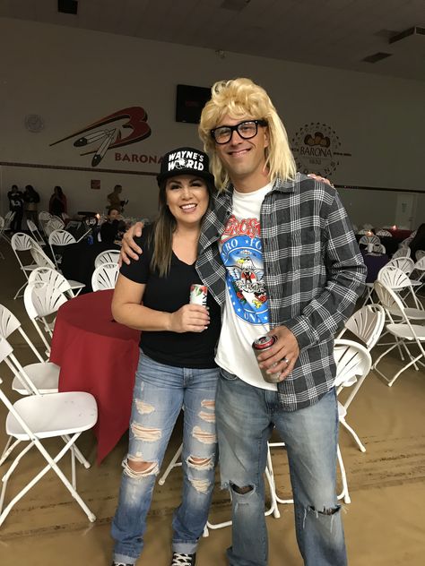 Wayne’s world Halloween Costume Waynes World Couple Costume, Wayne And Garth Costume Couple, 80s Fancy Dress Couples, Wayne And Garth Costume, Waynes World Halloween Costume, Waynes World Costume Couples, 90s Halloween Costumes Couples, Couples Waynes World Costume, Famous 90s Couples Costumes