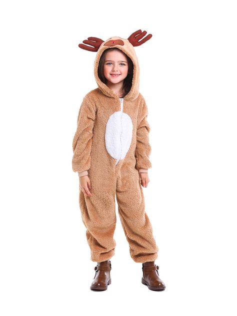 Christmas Elk Homewear Kids Coral Velvet Jumpsuit Costume, Khaki / M(120-130cm) / Elk Steampunk Corset Dress, Reindeer Costume, Reindeer Pajamas, Jumpsuit Costume, Showgirl Costume, Christmas Cosplay, Kids Flannel, Kids Christmas Outfits, One Piece Cosplay