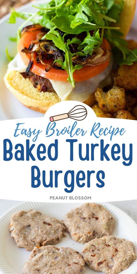 You can bake these easy turkey burgers in the oven under the broiler and they taste even better than if they'd come off the grill! Tender and juicy, seasoned with sundried tomatoes and topped with fresh veggies, this is a healthy burger recipe you'll make again and again. Turkey Burgers In The Oven, Oven Turkey Burgers, Easy Turkey Burgers, Baked Turkey Burgers, Burgers In The Oven, Oven Burgers, Ground Turkey Burgers, Healthy Burger Recipes, Best Turkey Burgers