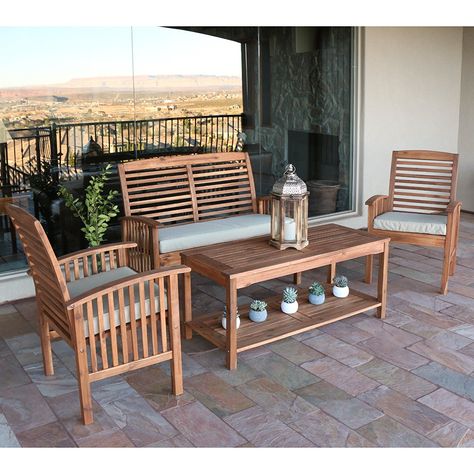 Amazon.com : Walker Edison Solid Acacia Wood 4-Piece Patio Chat Set : Patio Loveseats : Patio, Lawn & Garden Build Outdoor Furniture, Teak Patio Furniture, Outdoor Wood Furniture, Wood Patio Furniture, Outdoor Sofa Sets, Outdoor Furniture Plans, Patio Diy, Wood Patio, Furniture Sofa