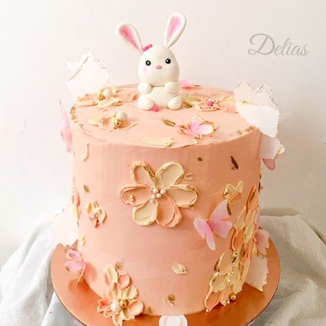 Buttercream Bunny Cake, Buttercream Flower Cake, Rabbit Cake, Bunny Cake, Baby Cakes, Pink Rabbit, Buttercream Cake, Baby Cake, Pink Butterfly