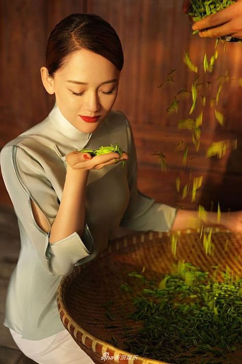 [Pictorial] Joe Chen Shows the Art of Tea | JayneStars.com Art Of Tea, Phone Wallpaper Patterns, Asian Celebrities, Tea Garden, Tea Art, Tea House, China Fashion, Lush Green, Fashion Shoot