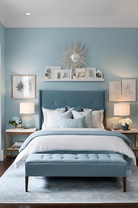 Accent Wall Blue Bedroom, Shades Of Blue For Bedroom Walls, Light Blue Interior Paint, Colour Shades For Bedroom, Light Blue Accent Wall Bedroom, Light Blue Interior Design, Light Blue Walls Bedroom, Light Blue Bedroom Ideas, Blue Accent Wall Bedroom