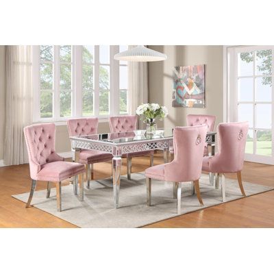 Dining table and 6 chairs. Chair Color: Pink | Rosdorf Park Phoebi Dining Set Glass / Metal / Upholstered Chairs in Gray | Wayfair Glass Dining Table Decor, Pink Living Room, Kitchen Table Settings, Pink Kitchen, Dining Table Black, Dining Sets, Home Room Design, Dream House Decor, Room Chairs