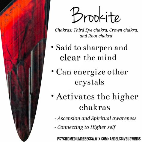 Brookite crystal meaning Brucite Crystal Meaning, Infinite Crystal Meaning, Brookite Crystal, Crystal Healing Chart, Healing Crystals Meanings, Gemstone Properties, Beautiful Crystals, Crystals Healing Properties, Spiritual Crystals