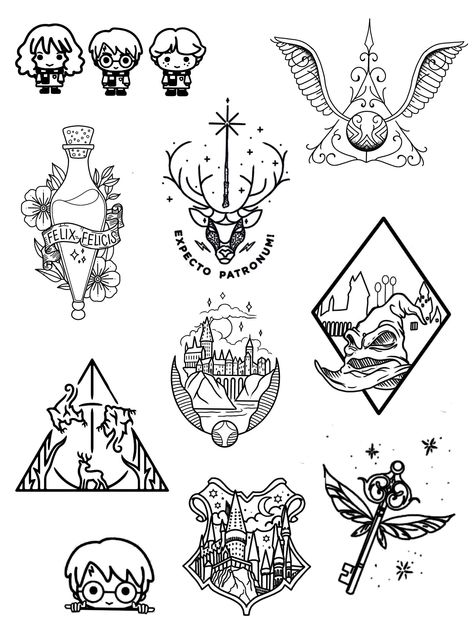 Harry Potter Tattoo Stencil, Harry Potter Finger Tattoo, Harry Potter Symbols Tattoo, Harry Potter Patchwork Tattoo, Minimal Harry Potter Tattoo, Harry Potter Key Tattoo, Cute Harry Potter Tattoos, Harry Potter Tattoo Flash, Harry Potter Half Sleeve Tattoo