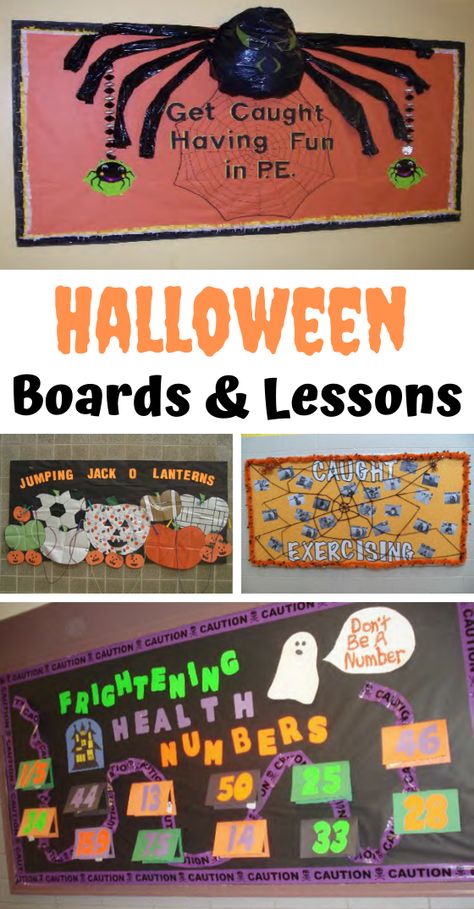 Halloween is a great time of year to introduce some fun lessons, excite and motivate students to stay active, share facts about the body and health related information, and display all of the important elements of your PE program! We’ve shared a few Halloween themed ideas below from our PE Halloween Guide, where you can find over 100 bulletin board ideas and lesson plans. October Pe Bulletin Boards, Halloween Pe Bulletin Boards, Fall Pe Bulletin Boards, Pe Decorations, Pe Bulletin Boards Elementary, Halloween Bulletin Board Ideas, Pe Classroom, Physical Education Bulletin Boards, Pe Bulletin Boards