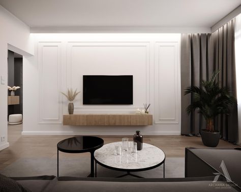 Plain Tv Wall Ideas, Modern Neoclassical Interior Bedroom, Panelled Tv Wall Ideas, Tv Wall Trim Ideas, Paneled Tv Wall, Panelled Walls Living Room Tv, Tv Wall Molding, Wainscoting Tv Wall, Minimalist Tv Wall Design Living Rooms