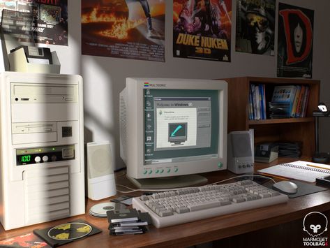 A scene from 90s (Marmoset Toolbag 4), Cem Tezcan on ArtStation at https://www.artstation.com/artwork/g2X2lm Computer 90s Aesthetic, 90s Computer Aesthetic, 90s Computer, Marmoset Toolbag, Vintage Technology, Retro Computer, Computer Set, Windows 95, Old Technology