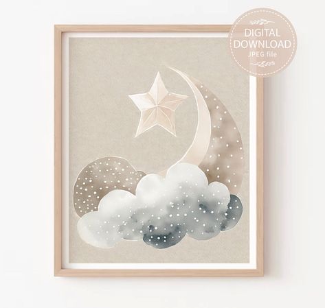 Nursery Moon and Stars Neutral Wall Art, Printable Beige and Grey Decor, Kids Room Digital Download, Soft Tones Moon Poster Nursery Moon And Stars, Night Sky Nursery, Green Nursery Boy, Star Themed Nursery, Friendly Aesthetic, Neutral Nurseries, Sky Nursery, Celestial Theme, Modern Nursery Decor