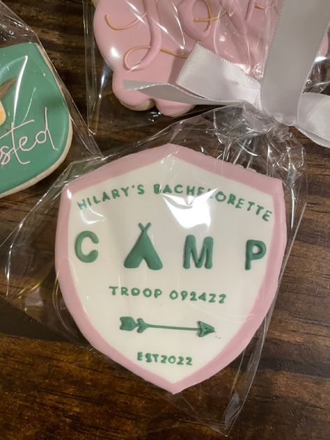 Pink Camping Aesthetic, Camp Bachelorette Cookies, Camp Walden Bachelorette, Camp Bachelorette Decor, Summer Camp Bachelorette Party, Bachelorette Party Lake Weekend, Camp Bachelorette Theme, Camp Cookies, Bachelorette Party Lake