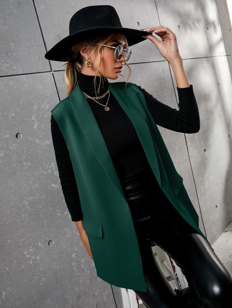 Dark Green Elegant Collar Sleeveless Polyester Plain Vest Embellished Non-Stretch Spring/Fall Women Suits Blazer Vest Outfits For Women, Shawl Neck Vest, Long Vest Outfits For Women, Sleeveless Cardigan Outfit, Waistcoat Outfit Women, Green Vest Outfit, Sleeveless Blazer Outfit, Long Vest Outfit, Leather Vest Outfit