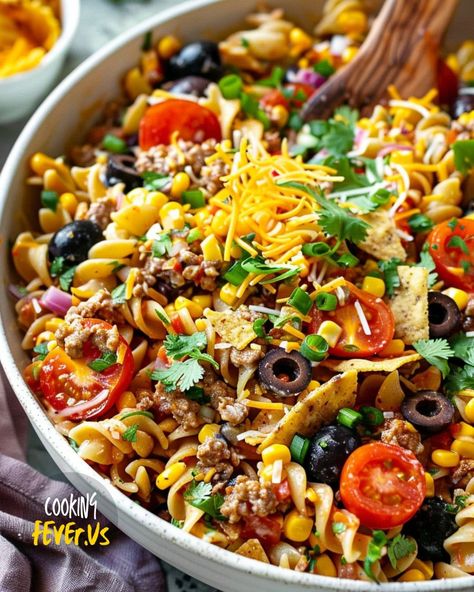 Taco Pasta Salad Pasta Taco Salad, Pasta Taco, Taco Pasta Salad, Mexican Flavors, Pasta Salad Ingredients, Taco Salad Recipes, Bean Pasta, Taco Pasta, Chicken Pasta Salad