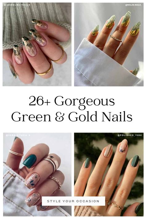 26+ Gorgeous Green and Gold Nails To Inspire You This Season Green And Gold Nails, Mani Inspiration, Beige Nails Design, Classy Almond Nails, Gold Accent Nail, Taupe Nails, Mauve Nails, Navy Blue Nails, Dark Green Nails