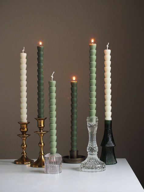 Home decor inspiration for fall. I love these Bamboo Stacked Taper Candles from Etsy. They come in a few different colorways but these green tones are perfect for the fall and even winter months. #falldecor #homedecor #tapercandles #nancymeyersaesthetic Candle Stick Styling, Dark Green Candle Holders, Sage Green Candle Aesthetic, Unique Taper Candles, Apartment Wedding Decor, Taper Candle Aesthetic, Olive Green House Decor, Olive Green Candles, Green Candles Aesthetic