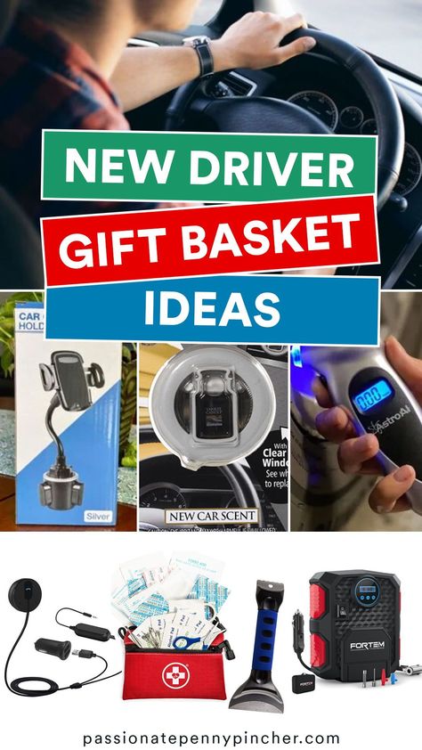 Gift Box For New Car, Gifts For A New Driver Ideas, New Car Gift Basket Girl, First Time Driver Gift Basket, Care Package For Truck Driver, Ups Driver Gift Ideas, Car Cleaning Gift Basket Ideas, New Driver Survival Kit Sweet 16, Gifts For New Drivers Guys