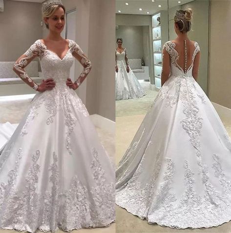 2019 Sheer Long Sleeves Lace A Line Wedding Dresses Satin Applique Sweep Train Wedding Bridal Gowns With Buttons DWJ0302 Plus Size Ball Gown, 1950s Wedding Dress, Hi Friend, Professional Dress, Exquisite Gowns, Wedding Dress Pictures, Dresses Cheap, Wedding Dresses Satin, Dress Sleeve Styles