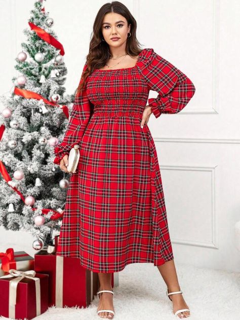 Apostolic Christmas Outfits, Plaid Christmas Dress, Xmas Dress, Christmas Outfit Ideas, Trendy Christmas Outfits, Sequin Formal Dress, Lantern Sleeve Dress, Christmas Outfits, Check Dress