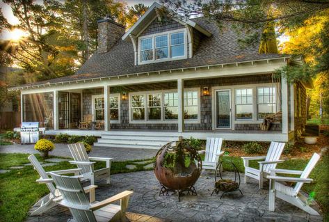 Land's End Development Maine Cottage Exterior, Lakefront Cabin, Patio Landscape Design, Small Lake Houses, Cottage Beach House, Gull Lake, Lake Houses Exterior, Transitional Exterior, Round Lake