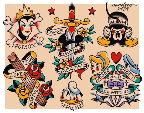 Sailor Jerry x Disney tattoo flash a made for @traditionscollection Magical World of Tattooing: Part 2! Keep your 👀 open for this rad book! Also, all designs available to be tattooed…so message me! 🫶🏻 ⭐️High quality giclee prints available ⭐️*NEW* Instantly download flash & linework for digital reference or print at home 👇🏽 Both links to these in my Linktree in BIO #disney #disneytattoos #sailorjerry #tattooflash #traditionaltattoos #disneyland #ladytattooer Old School Disney Tattoo, Traditional Style Disney Tattoo, Disney American Traditional Tattoo, Traditional Tattoos Drawing, Traditional Disney Tattoo, Disney Traditional Tattoo, Disney World Tattoo, Disney Tattoo Flash, Flash Tattoo Disney