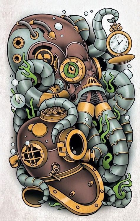 Steampunk Octopus Tattoo, Steampunk Tattoo Ideas, Steampunk Tattoo Design, Kraken Tattoo, Steampunk Tattoo, Sam Phillips, Unique Tattoos For Men, Octopus Tattoo Design, Steampunk Octopus