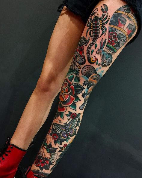 Traditional Tattoo Leg Sleeve, Old School Tattoo Sleeve, Patchwork Tattoo Ideas, Traditional Tattoo Inspiration, Full Leg Tattoos, Patchwork Tattoo, Tattoo Filler, Traditional Tattoo Sleeve, Tattoos Geometric