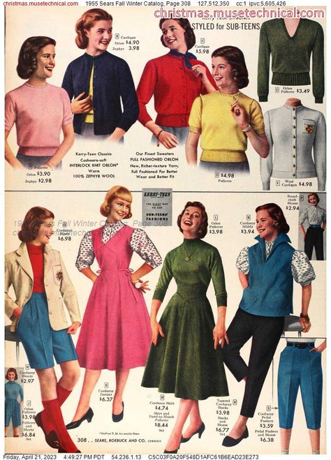 1955 Sears Fall Winter Catalog, Page 308 - Catalogs & Wishbooks 50s Fashion For Women 1950s, 1950s Winter Fashion, Vintage Sweater Outfit, Turtleneck Outfit Ideas, 1950s Casual, Winter Romance, Decades Of Fashion, Teen Sweater, 1960 Fashion