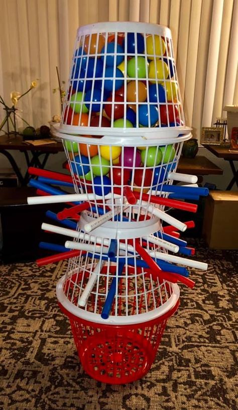 Diy Sweet Decorations, Giant Kerplunk Diy, 80s Crafts For Kids, Vbs Twists And Turns Crafts, Game Decorations Ideas, Board Game Crafts, Life Size Board Games, Monday Activities, Giant Board Games