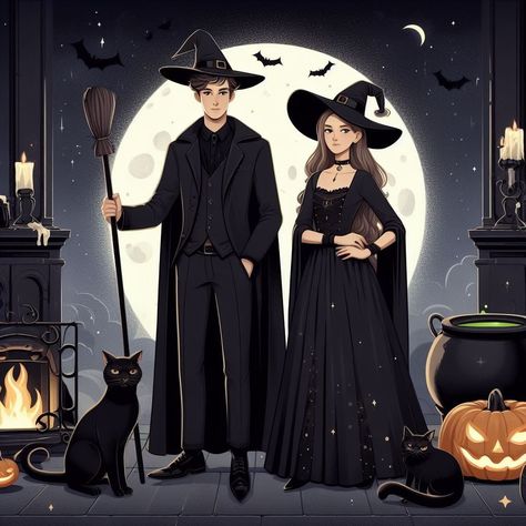 Witchy couple Witch And Wizard Couple, Sia Songs, Good Morning Cartoon, Witch Photos, Witch Drawing, Witch Pictures, Witchy Art, Anime Witch, Couple Dress