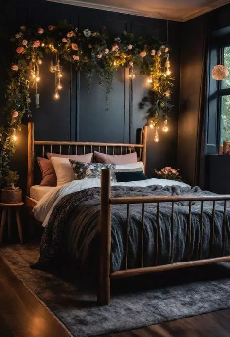 Comfy Bedroom Inspirations, Small Romantic Bedroom Ideas, Moody Apartment Bedroom, Primary Bedroom Ideas Moody, Moody Teen Bedroom, Bedroom Dark Accent Wall, Dark Feminine Decor, Dark Core Aesthetics, Dark Walls Bedroom