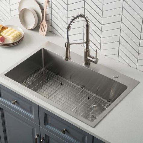 KRAUS LOFTEN STAINLESS STEEL KITCHEN SINK KIT HOME DEPOT EXCLUSIVE COLLECTION - Kitchen - The Home Depot Stainless Steel Drop In Sink, Drop In Sink Kitchen, Farmhouse Stainless Steel Sink, Kitchen Sinks And Faucets, Kitchen Sink Ideas, Best Kitchen Sinks, Amazing Kitchens, Drop In Kitchen Sink, Sink Ideas