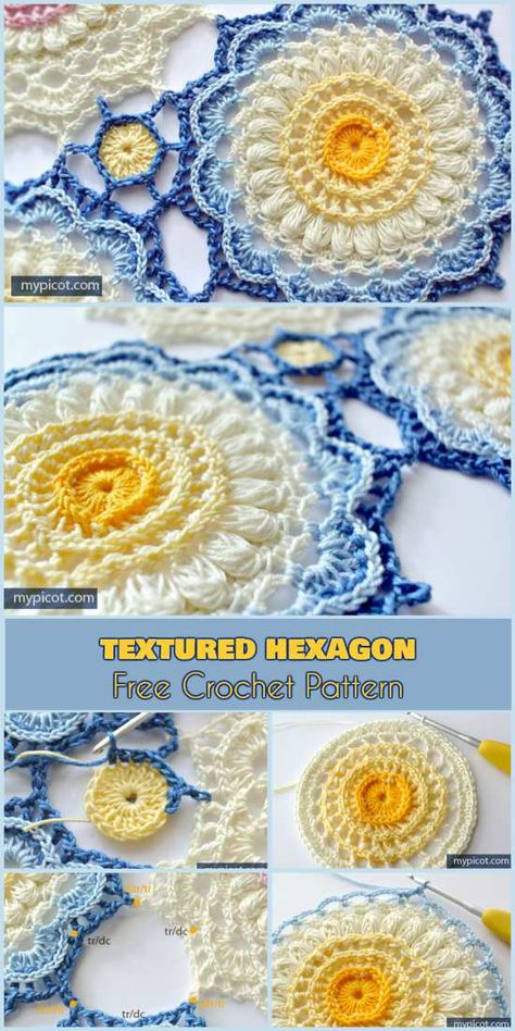 Complex Crochet Patterns, Doily Crochet Pattern Free, Mandala Crochet Blanket Free Pattern, Granny Hexagon Crochet, Crochet Hexagon Blanket, Hexagon Crochet Pattern, Hexagon Crochet, Granny Square Crochet Patterns Free, Crochet Mandala Pattern