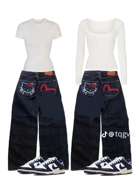 Jogger And Crop Top Outfit, Matching Clothes Couple, Hello Kitty Jeans, Baggy Outfits, Matching Fits, Matching Outfits Best Friend, Clothes Board, Wardrobe Goals, Baggy Clothes