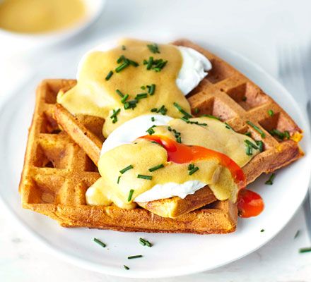 Soft, fluffy waffles and a Marmite hollandaise sauce, treat your poached eggs to�… Everything Bagel Seasoning Recipes, Eggs Benedict Recipe, Low Carb Waffles, Hp Sauce, Everything Bagel Seasoning, Bagel Seasoning, Bbc Good Food Recipes, Everything Bagel, Recipe Details