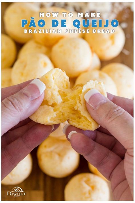 Easy to make Brazilian Cheese Bread is a traditional Recipe served as an appetizer or even for breakfast. Gluten Free and delicious makes this simple recipe a perfect choice to serve along with any meal. Throw ingredients in a blender and bake using a mini muffin tin for the perfect bite size cheese balls. #devourdinner #easyrecipe #easybreadrecipe #glutenfree #GF #braziliancheesebread #brazilianrecipe #pãodequeijo #appetizerrecipe #easyappetizer #breakfastrecipe #bread #yum #yummy Brazillian Cheese Bread, Brazilian Cheese Bread Recipe, Brazilian Cheese Bread, Cheese Bread Recipe, Homemade Bread Recipes Easy, Recipes From Around The World, Traditional Recipes, Cheese Bites, Bread Roll