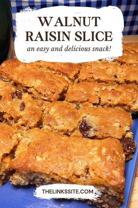 Get ready to whip up a scrumptious Walnut Raisin Slice with minimal effort! Just combine the ingredients, press into a tray, and pop it in the oven. Voila! Indulgence has never been this easy. Let's bake it up! Dessert With Raisins, Raisin Recipes Easy, Slices Recipes Easy, Easy Cloud Bread Recipe, Raisins Recipe, Bars Dessert, Apple Scones, Easy Slice, Old Fashioned Bread Pudding