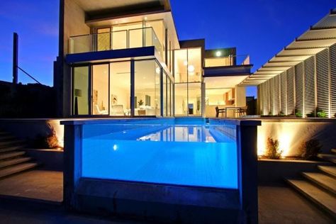 Glass Lighting Mansion Wallpaper, Glass Wallpaper, Moderne Pools, Glass Pool, Building Plans House, Renzo Piano, Bay House, Casa Exterior, Dream House Rooms