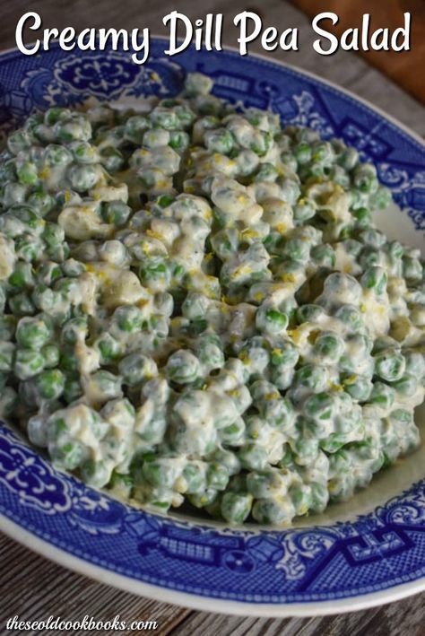 Made with frozen peas and sour cream, this creamy dill pea salad is quick put together and full of flavor. This recipe is a refreshing side dish perfect for a pitch-in, summer picnic or just a regular family dinner. #peasalad #summersalad Frozen Pea Salad, Bacon Pea Salad, Green Pea Salad, Pea Salad Recipes, Creamy Peas, Old Cookbooks, Sour Cream Recipes, Eat Happy, Pea Salad