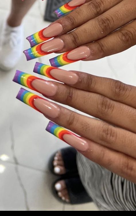 Pride Acrylic Nails Long, Simple Rainbow Nail Designs, Lgbtq Nails Acrylic, Lgbtq Nails, Rainbow Nails Acrylic, Rainbow Acrylic Nails, Lesbian Nails, Pride Nails Designs, Pride Month Nails