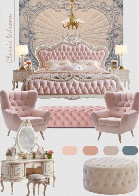 Pink Rococo Bedroom, Rococo Bedroom, Victorian Style Bedroom, School Moodboard, Rococo Decor, Bedroom Illustration, Cozy Baby Room, Royal Bedroom, Bedroom Victorian