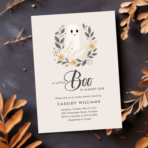 $1.98 | A Little Boo Boho Ghost Halloween Baby Shower #a little boo baby shower, ghost, halloween, spooky, boho bohemian, floral, botanical, orange black, gender neutral, baby boy baby girl Boo Is Almost Due, A Little Boo Is Due Baby Shower Ideas, Little Boo Baby Shower Ideas, Coral Baby Shower, Handmade Baby Shower Invitations, Boho Ghost, Calling All Party Animals, Baby Shower Unisex, God Baby