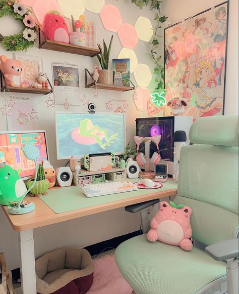 Kawaii Gaming Setup, Pink Gaming Setup, Home Office White, Desk For Home Office, Gaming Desk Setup, Cozy Desk, Gamer Setup, Drafting Chair, Gamer Room Decor