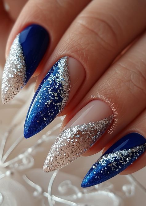 Royal Blue Nails Designs For Prom, Royal Blue Nails For Wedding, Blue Nails With Silver Design, Royal Blue Silver Nails, Blue Nails For Wedding, Royal Blue Almond Nails Design, Royal Blue Stiletto Nails, Royal Blue Nails Ideas, Royal Blue Ombre Nails