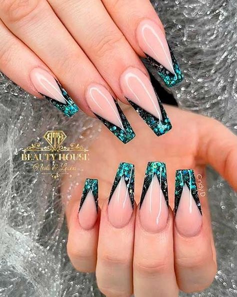 V Shaped French Tip Nails, V French Tip Nails, V French Tip, Teal Acrylic Nails, French Coffin, Tip Nail Designs, Short French Tip Nails, Teal Nails, French Tip Nail Designs